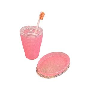 Pink Glitter Bathroom Soap & Toothbrush Holder Set